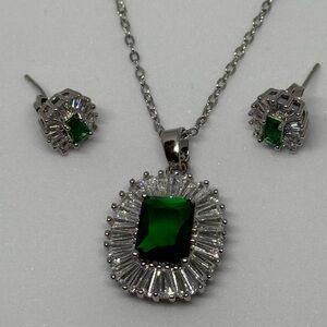 Green and Silver Necklace with Emerald Gemstone and Diamond Halo